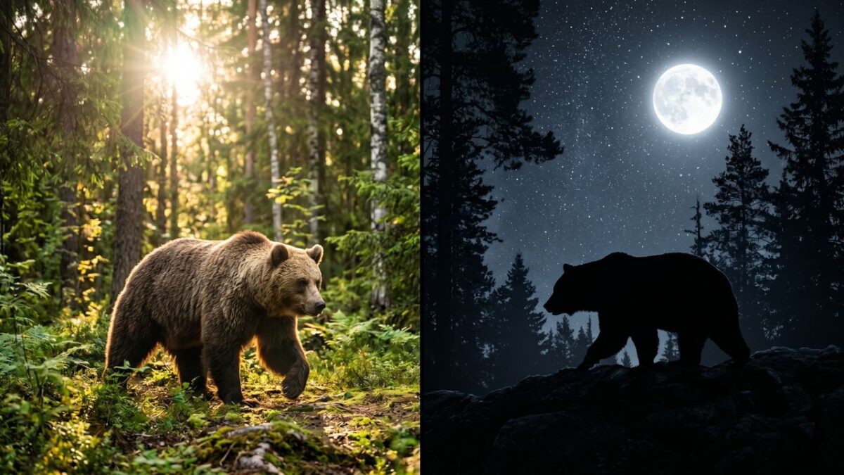  昼の森と夜の森に現れる熊を対比し、生態が夜型へ変化していることを示すイメージ画像。