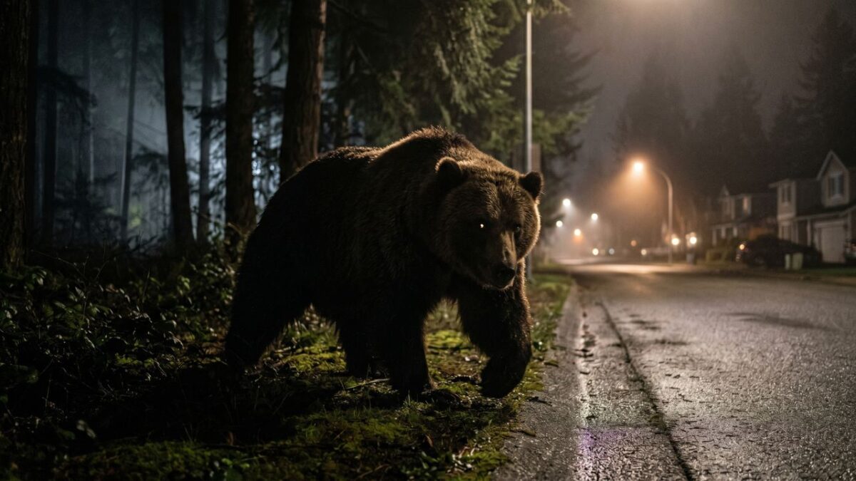 夜の霧深い森から住宅街の灯りへと現れる熊。深夜の活動の危険性と夜行性への変化を象徴する写真。