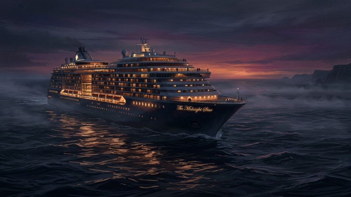 ハンタウイルスの集団感染が報告されたクルーズ船のイメージ。夕闇の海を進む大型客船。