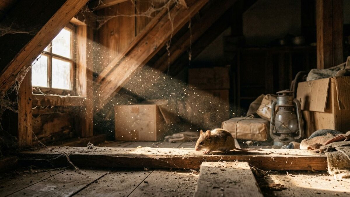 ネズミの糞尿から舞い上がる粉塵を介したハンタウイルスの感染経路をイメージした画像。