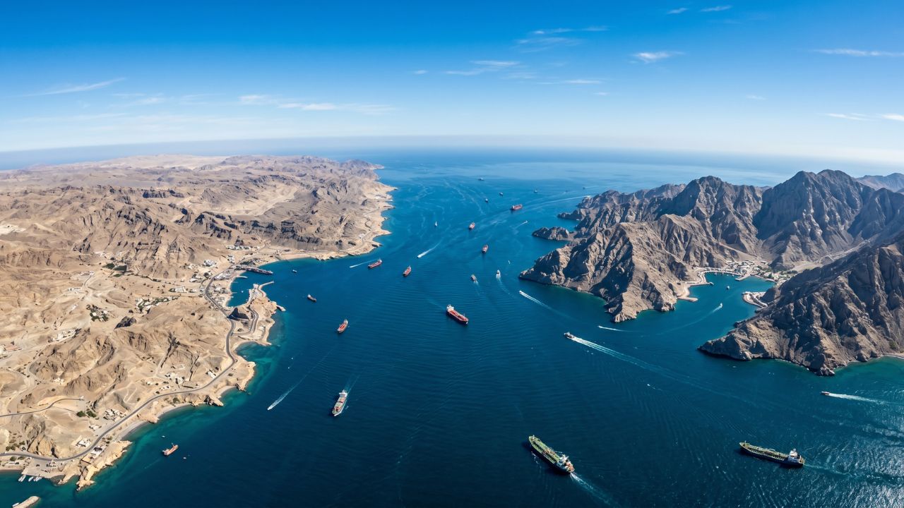 イランとオマーンの国境が接するホルムズ海峡を上空から捉えた、青い海と険しい海岸線の写真。
