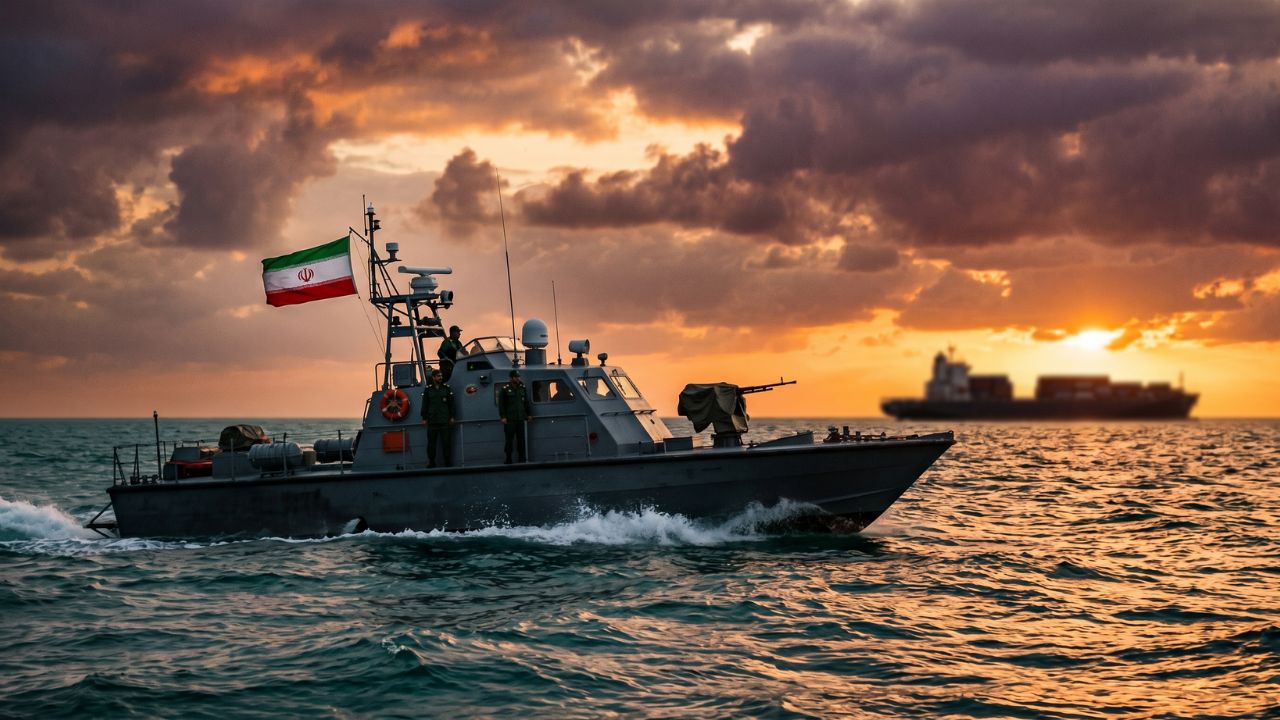 ホルムズ海峡を監視するイラン国旗を掲げた船と、遠くに見える貨物船を捉えた緊迫感のある写真。