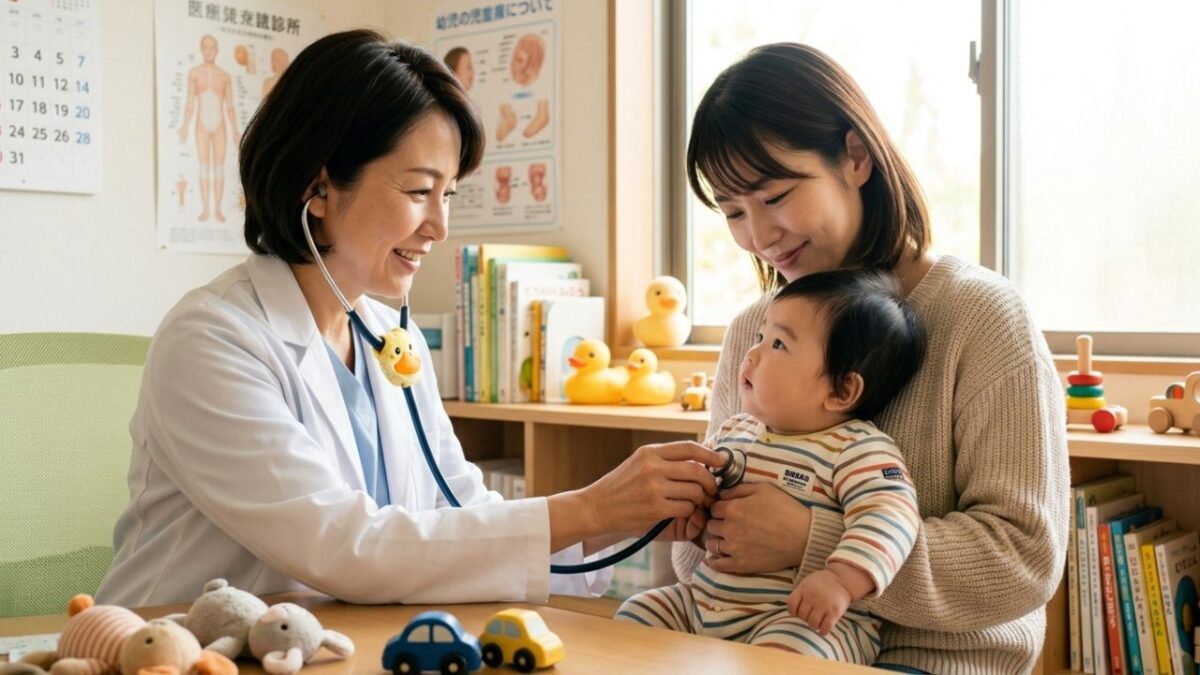 ネズミのフンを食べた赤ちゃんの体調を、小児科医が慎重に確認している診察風景。
