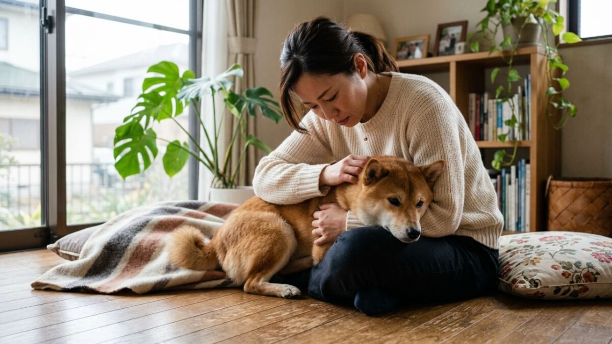 ネズミのフンを食べた可能性がある愛犬を心配し、体調を伺う飼い主の様子。