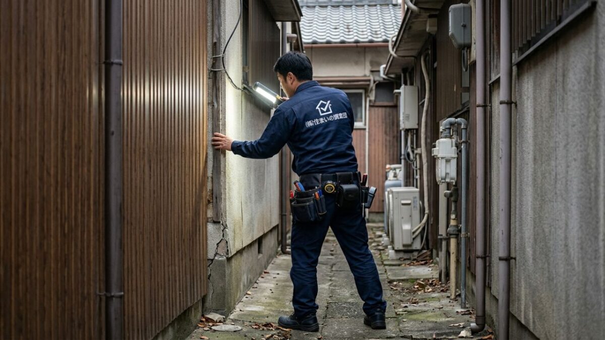 ネズミの侵入経路を特定し、家の中から完全に駆除するために調査を行うプロの作業員。