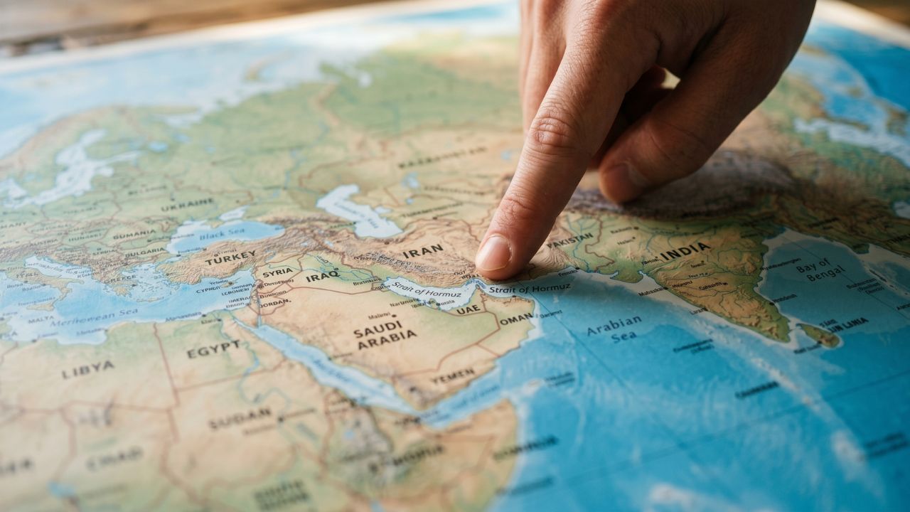  中東の地図上でホルムズ海峡の重要性を指し示す、戦略的な視点の地図と指のクローズアップ写真。